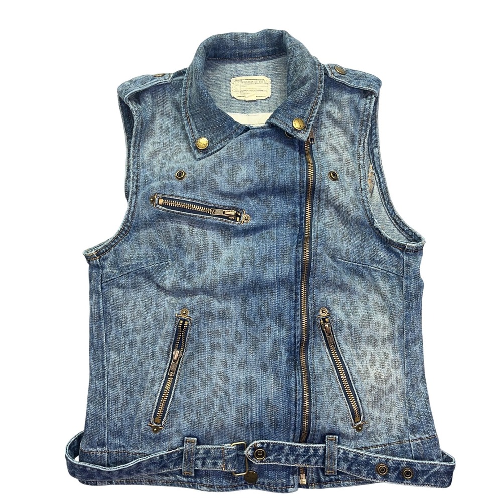 Current Elliott Denim Vest Sleeveless Moto Biker Leopard Destroy Blue‎ Size 1